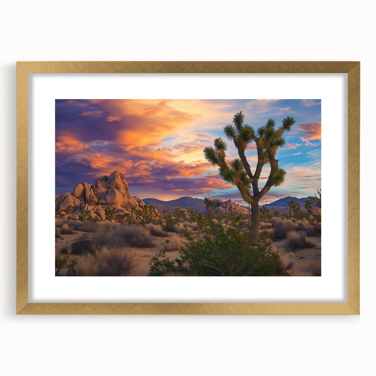 Elegant gold-framed landscape artwork featuring a serene field scene, accented by a white mat, ideal for home decor and wall displays. Perfect for nature enthusiasts.