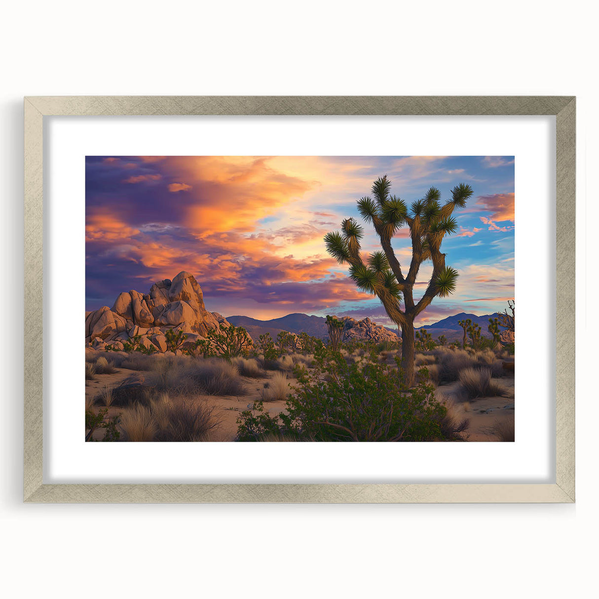 Silver-framed landscape artwork displaying vibrant green fields and a clear blue sky, elegantly matted for a polished finish, perfect for home decor or office branding.