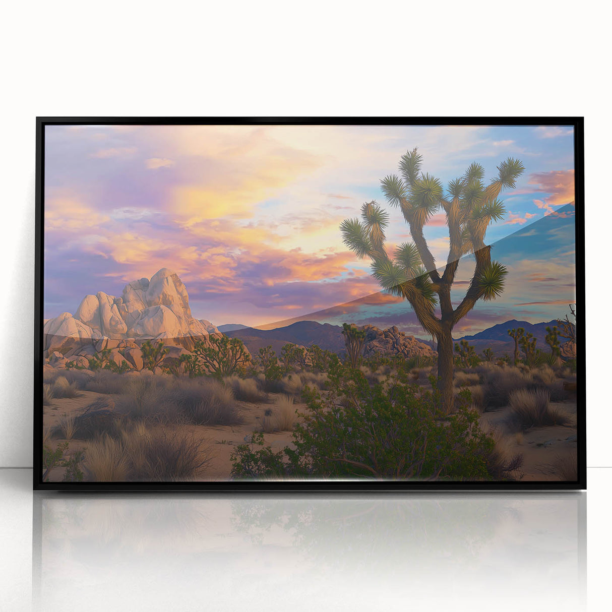 Framed acrylic landscape artwork depicting vibrant green fields under a blue sky, showcasing a serene rural scene ideal for home decor.