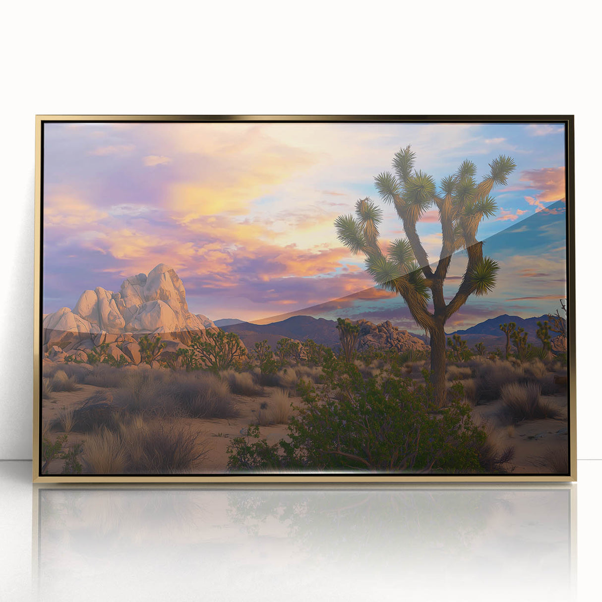 Framed acrylic artwork showcasing a vibrant landscape of golden fields under a clear blue sky, perfect for home decor or office ambiance, enhancing any space.