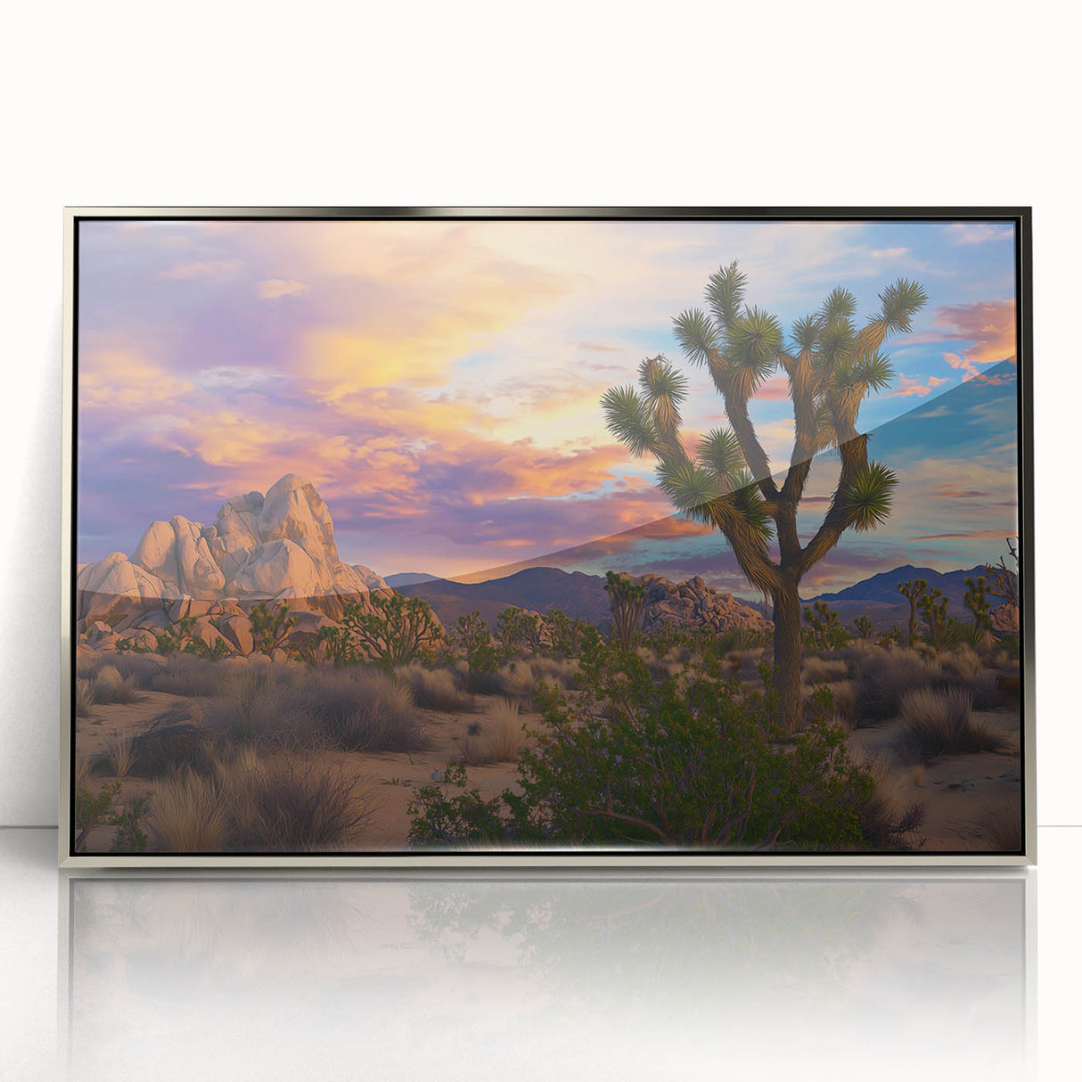 Framed acrylic artwork depicting a serene landscape field scene, featuring vibrant greens and soft blues, perfect for enhancing modern home decor.