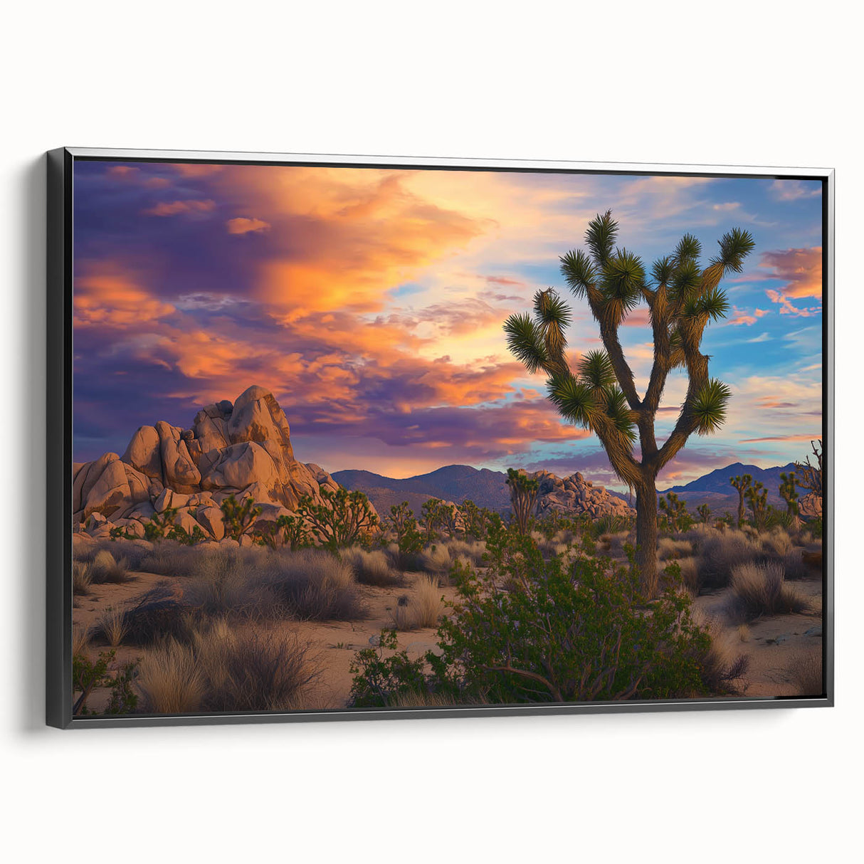 Framed canvas artwork depicting lush green landscapes with vibrant fields, showcased in a sleek black frame, ideal for enhancing modern home decor.