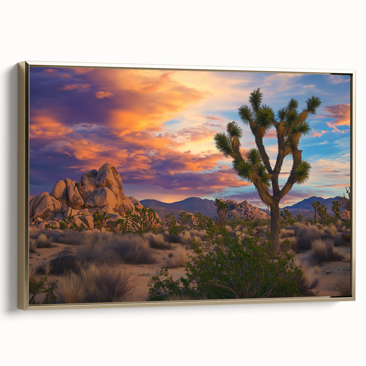 Framed canvas artwork showcasing a serene landscape of golden fields under a bright sky, elegantly displayed with a gold frame, perfect for home decor.