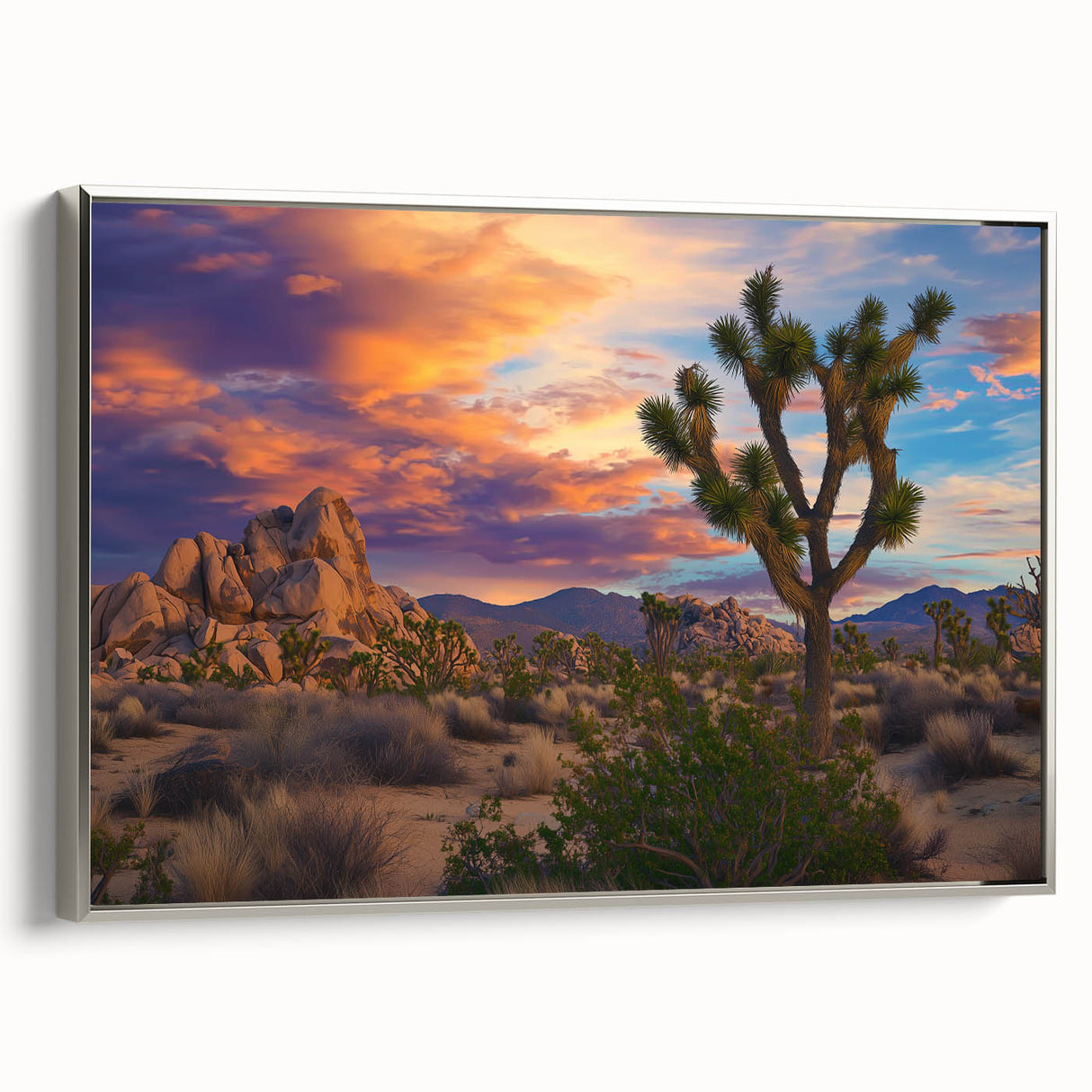 Framed canvas artwork showcasing a serene landscape with vibrant green fields and a silver frame, perfect for adding a touch of tranquility to home decor.