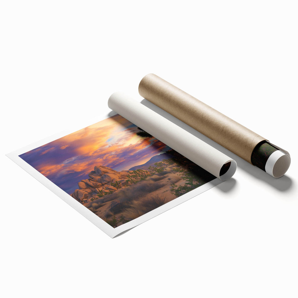 Vibrant rolled print of a serene landscape featuring lush green fields under a bright blue sky, packaged securely in a durable cardboard tube for easy transport and display.