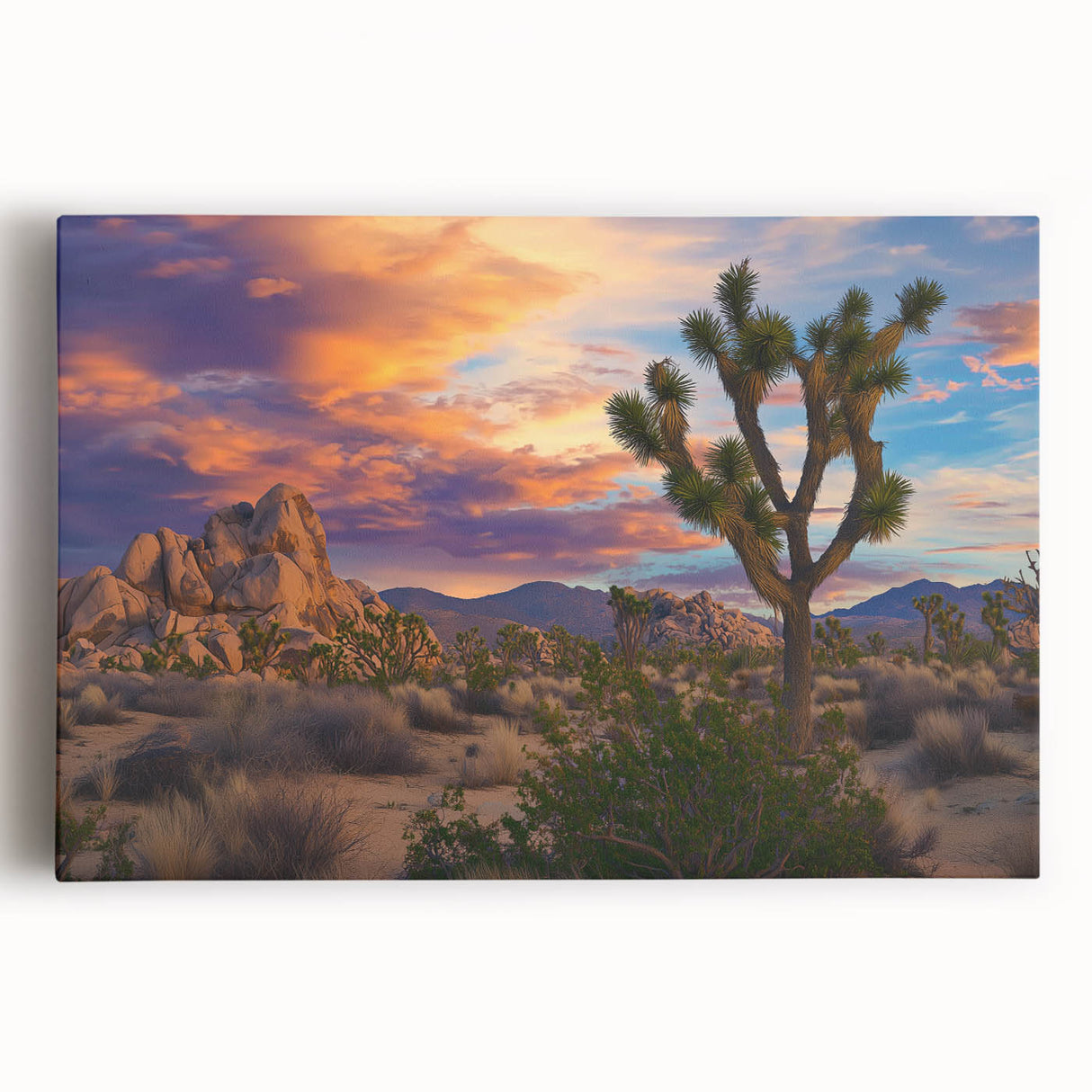 Vibrant stretched canvas artwork depicting a serene landscape of rolling green fields under a blue sky, ideal for home decor or office spaces, enhancing tranquility.