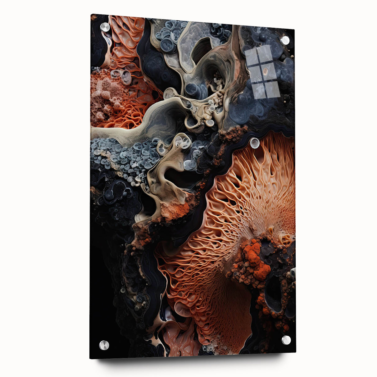 Large abstract wall art on acrylic glass featuring swirling blue and gray tones, ideal for bedroom or dining room decor.