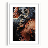 Abstract art print featuring swirling blue and gray tones on a framed white canvas.