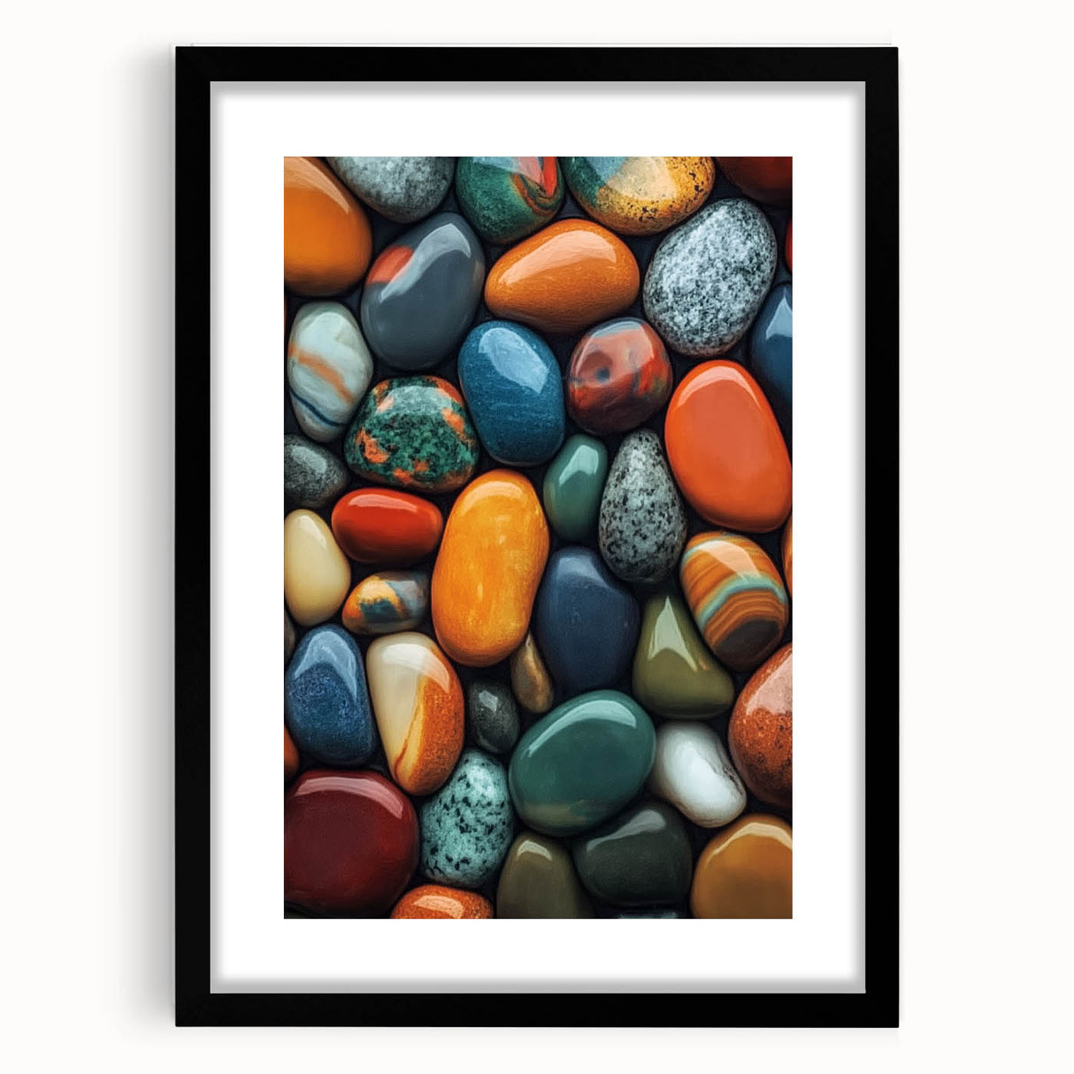 Extra large abstract art print featuring vibrant, colorful textures, displayed in a black frame with mat.