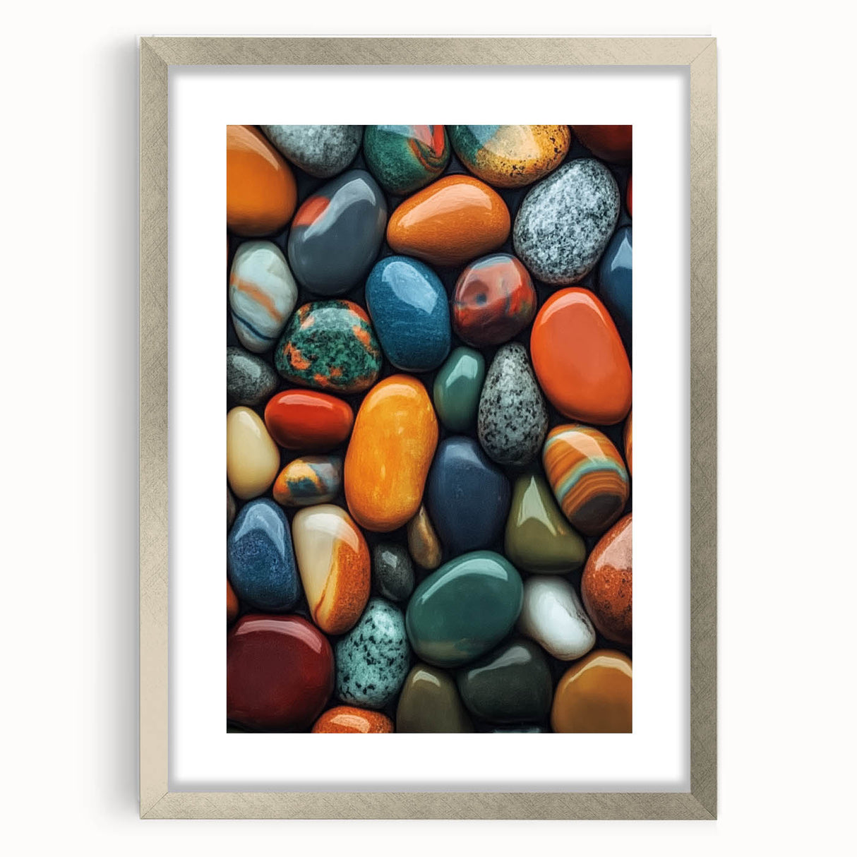 Textured abstract art print in neutral hues, framed in silver, ideal for modern bedroom ambiance.