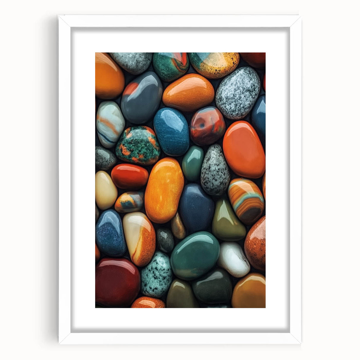 Abstract art print featuring swirling blue and green patterns on a white framed canvas.
