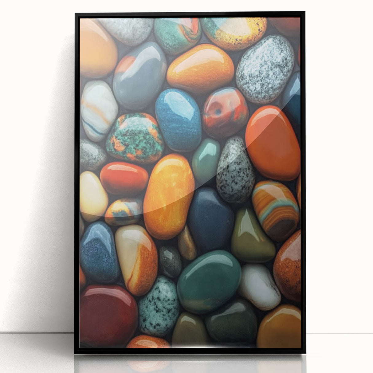 Large abstract wall art depicting nature elements in muted earth tones on a black acrylic frame.