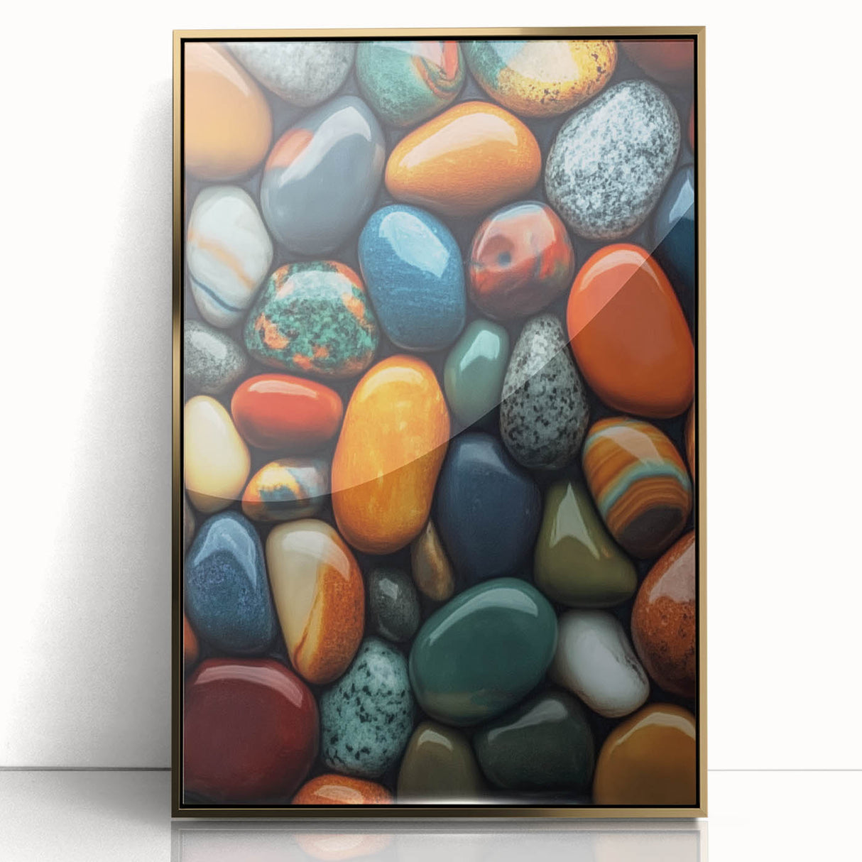 Mid-century modernist acrylic print of nature elements in gold tones, ideal for nursery wall decor.