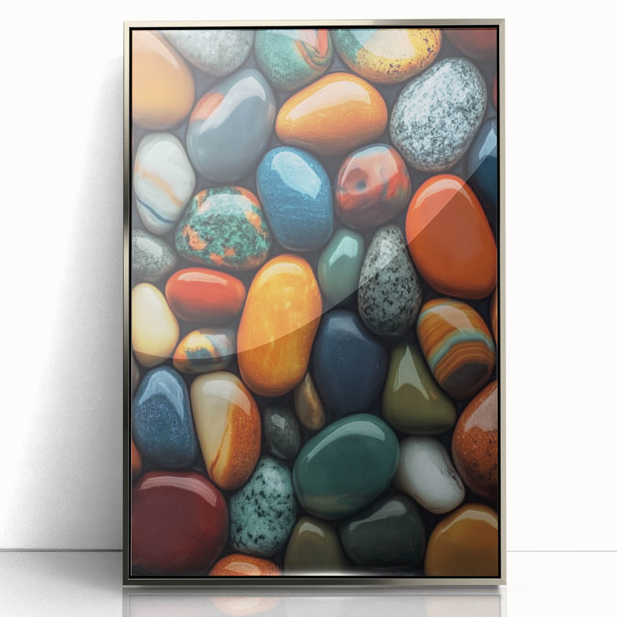 Mid-century modernist art depicting nature elements in muted green and brown tones, framed in silver acrylic.