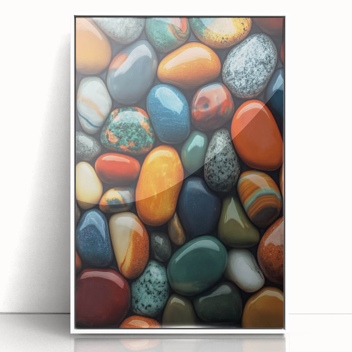 Art deco poster featuring close-up nature elements in muted green and white, acrylic print framed in white.