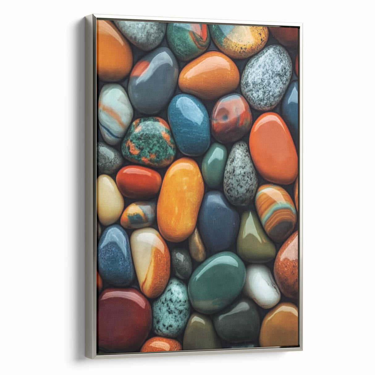 Framed canvas featuring a close-up landscape painting with vibrant, colorful foliage on a black background.