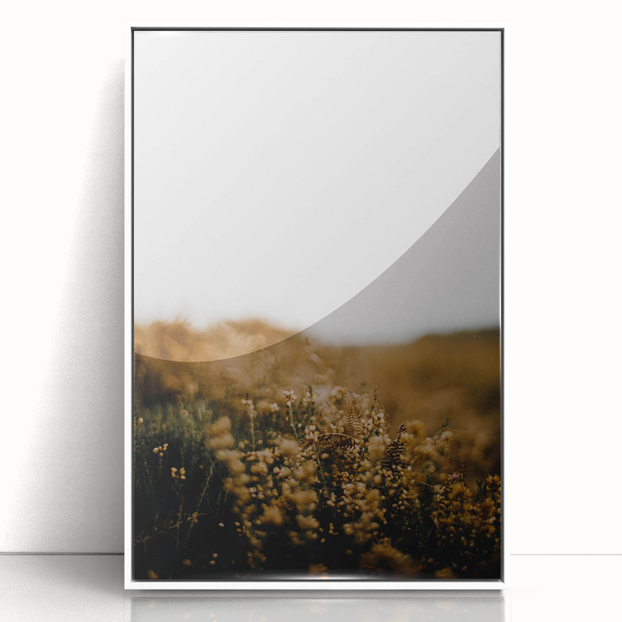 Art Deco style poster featuring autumnal trees in muted orange and brown tones, framed in white acrylic.