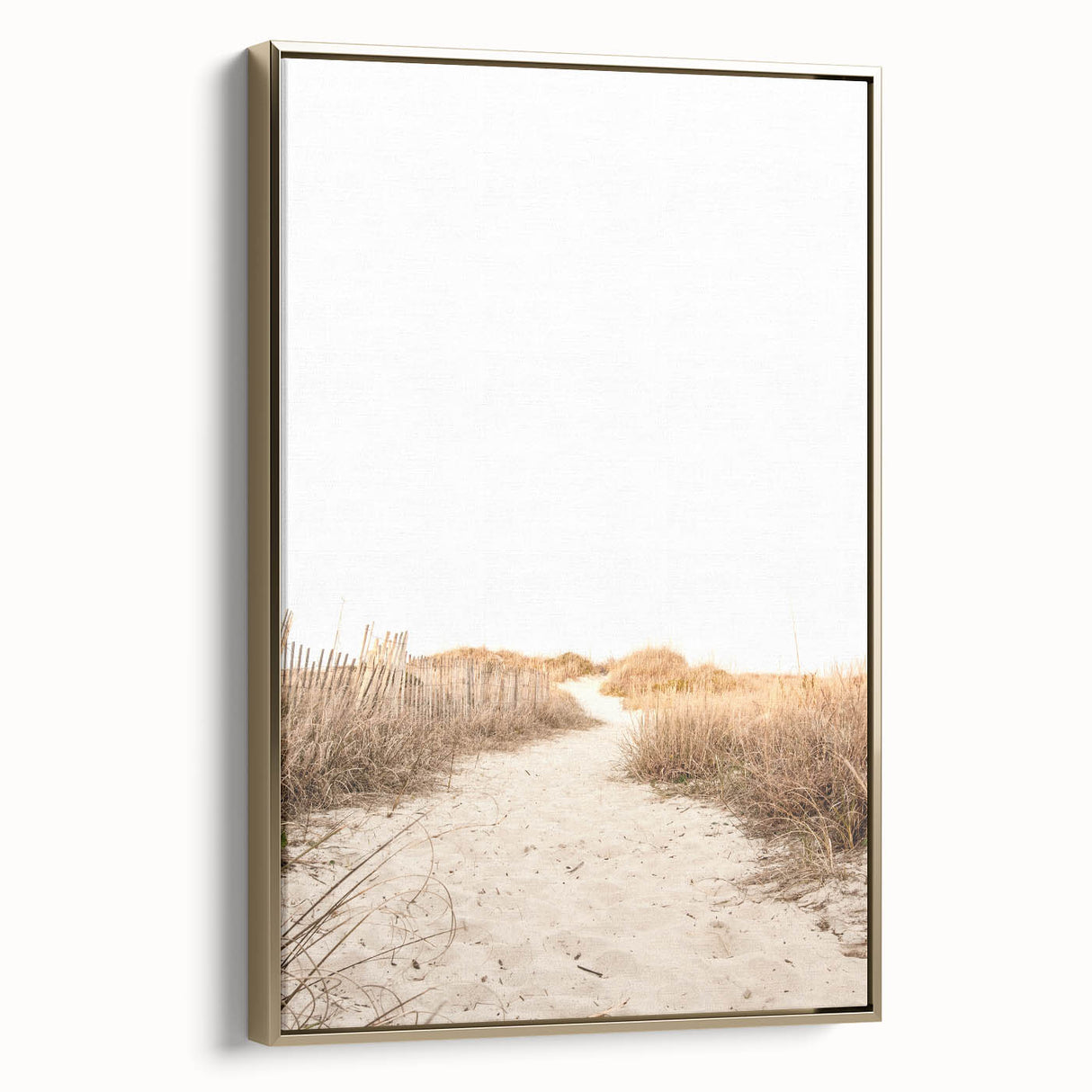 Framed canvas featuring a vintage-style landscape painting with lush summer trees in muted gold and black tones.