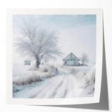 Winter scene with snow-covered trees in muted gray and white tones on a large canvas, ideal for dining room wall art.