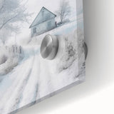 Winter scene in muted blue and white tones on acrylic glass, suitable as large bedroom or dining room art.