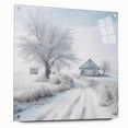 Winter-themed large abstract wall art on acrylic glass, featuring cool blue and white tones, ideal for dining room decor.
