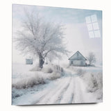 Large abstract winter scene in muted blue and white tones on acrylic glass, suitable for dining room art.
