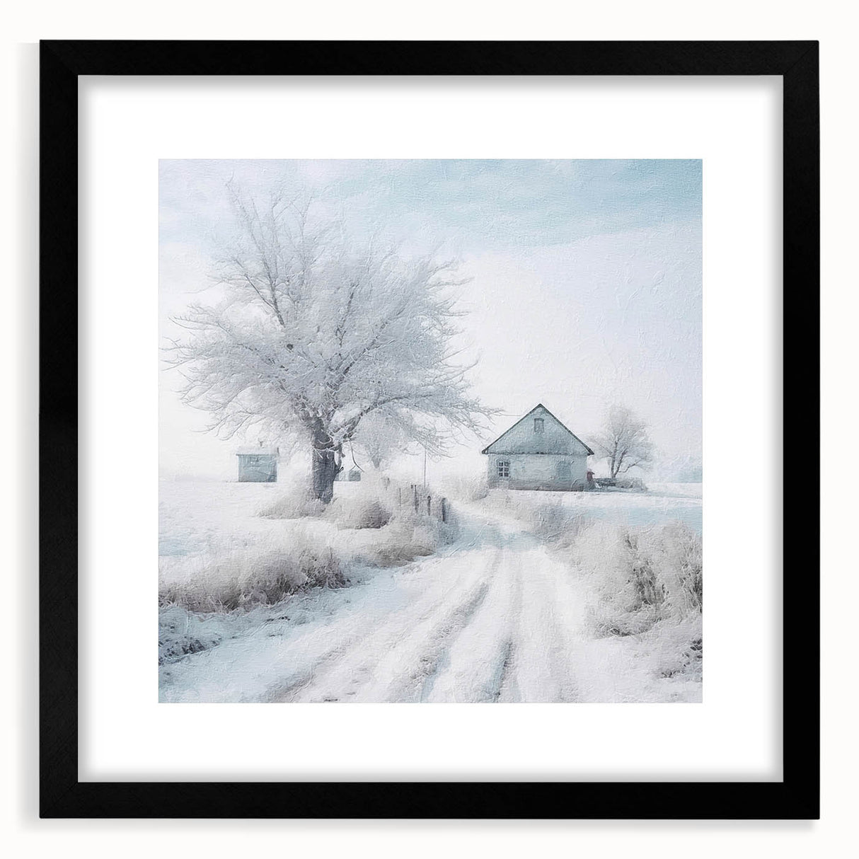 Extra large abstract art print featuring colorful, textured winter scene in black frame, ideal for living room decor.