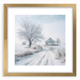 Abstract winter scene in textured whites and blues on a large canvas, framed in gold, ideal for living room decor.