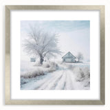 Textured art depicting a winter scene with abstract design, in silver frame, suitable for bedroom art.