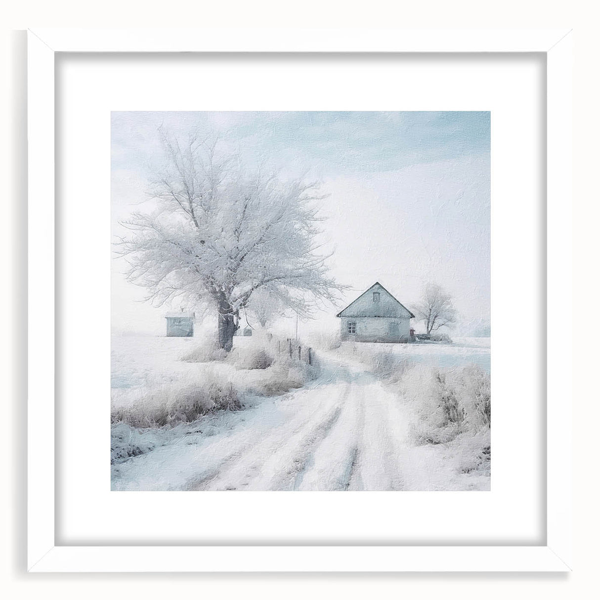 Abstract art print depicting a winter scene in muted blue and white tones on a framed canvas, suitable for dining room decor.
