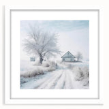 Abstract art print depicting a winter scene in muted blue and white tones on a framed canvas, suitable for dining room decor.