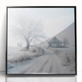 Large abstract wall art depicting a winter scene in muted gray and blue tones, framed in black acrylic.