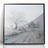 Large abstract wall art depicting a winter scene in muted gray and blue tones, framed in black acrylic.