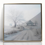 Winter scene with snow-covered trees on framed acrylic, featuring muted gold and white tones.