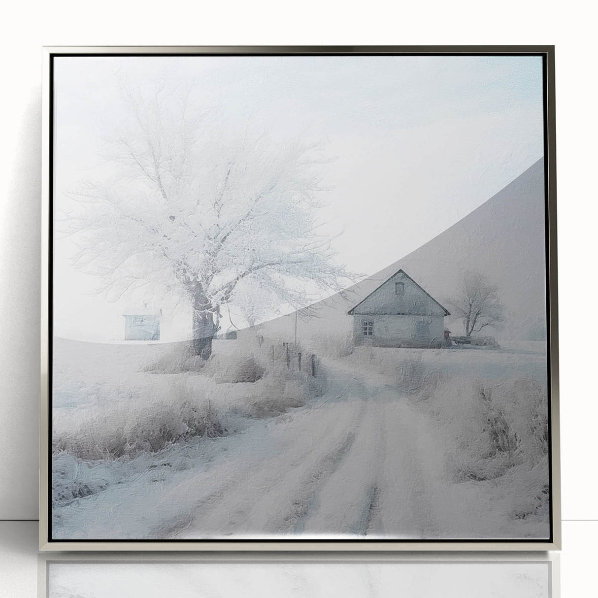 Mid-century modernist art depicting a winter scene in muted blue and white tones, acrylic print framed in silver.
