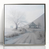 Mid-century modernist art depicting a winter scene in muted blue and white tones, acrylic print framed in silver.