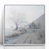 Framed acrylic print of a winter scene in art deco style, featuring cool blue and white tones, ideal for nursery wall art.