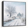 Winter landscape black and white wall art on framed canvas, ideal for bedroom decor, featuring a snowy scene with bare trees.
