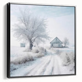 Winter landscape black and white wall art on framed canvas, ideal for bedroom decor, featuring a snowy scene with bare trees.