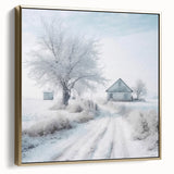 Winter landscape painting on framed canvas, featuring silver and gold tones, ideal for bedroom wall art.