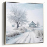 Winter landscape art painting on framed canvas, featuring a snowy scene in muted gray and black tones.