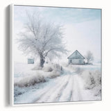 Vintage poster art of a snowy landscape, framed canvas in cool gray and blue tones, suitable for living room decor.