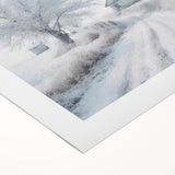 Art deco poster featuring a winter scene with muted blue and white tones on rolled canvas, suitable for dining room decor.