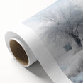 Winter scene with snow-covered trees in pastel blue and white tones on rolled canvas, suitable for nursery wall art.