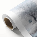 Winter scene with snow-covered trees in pastel blue and white tones on rolled canvas, suitable for nursery wall art.