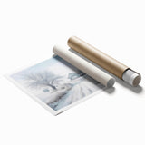 Winter floral art in muted blue and white tones on a large rolled canvas, ideal for classy bathroom wall art.