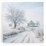 Winter landscape in black and white on large stretched canvas, ideal for kitchen art.