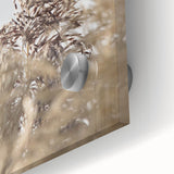 Large abstract wall art in blue and orange hues on acrylic glass, ideal for dining room ambiance.