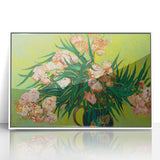 Mid-century modernist art depicting a stylized rural landscape in vibrant colors on a framed acrylic print.