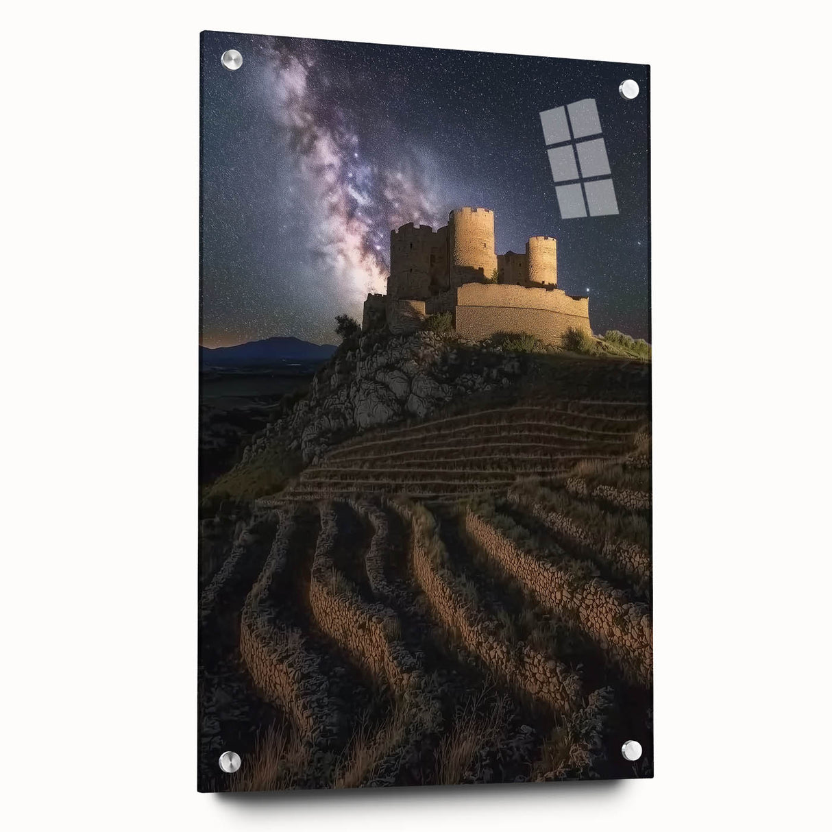 Acrylic glass artwork displaying a scenic landscape with a castle, viewed from the side and mounted with decorative pins, perfect for home decor.